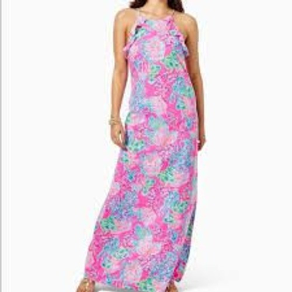 Lilly Pulitzer Billie Pink Floral Pima Cotton Ruffle Halter Maxi Dress Small
